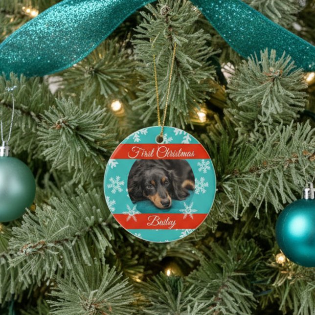 Ornamento De Cerâmica Pet Dog Cat Primeiro Modelo de Foto de Natal (Criador carregado)