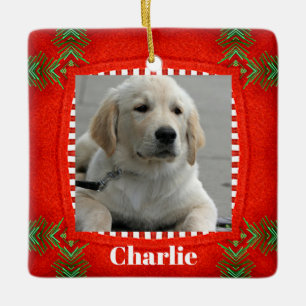Ornamento De Cerâmica Pet Dog Fotografia Vermelha, Fofa, Natal Verde