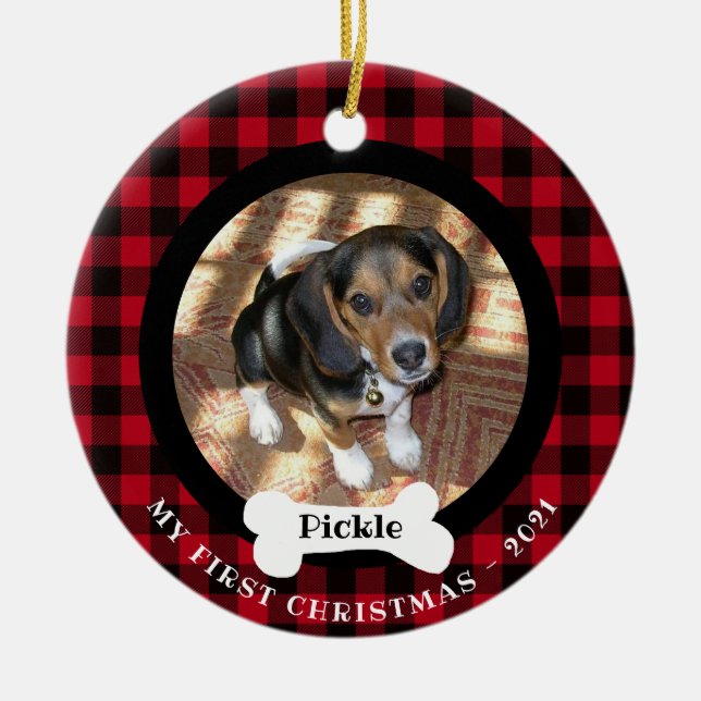 Ornamento De Cerâmica Pet First Christmas Buffalo Xadrez 2 fotos 2 do la (Frente)
