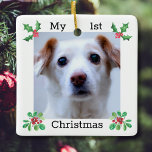 Ornamento De Cerâmica Pet First Christmas Photo<br><div class="desc">Celebrar um Natal de 1rua com este adorável ornamento fotográfico decorado com folhagem festiva de aquarela e bagas. Facilmente personalizável com a foto do seu animal de estimação.</div>