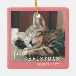 Ornamento De Cerâmica Pet First Christmas Photo Cute Pink