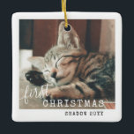 Ornamento De Cerâmica Pet First Christmas Photo Cute Simples<br><div class="desc">Simples ornamento de modelo de foto preto e branco personalizado para o primeiro Natal de um gatinho com sua foto e seu nome impresso com o ano em um belo e elegante design rústico que é fácil de personalizar e adicionar sua foto.</div>