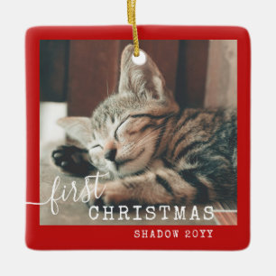 Ornamento De Cerâmica Pet First Christmas Photo Red Rustic