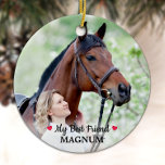 Ornamento De Cerâmica Pet Horse Personalizado Sobreviveu Minha Melhor Fo<br><div class="desc">Celebre seu melhor amigo com um memorial personalizado de fotos ou guarde. Personalize com suas próprias fotos e nome. Este ornamento de cavalo é perfeito para uma manutenção equestre, e enfeites de natal de cavalo é de dois lados, você pode fazer duas fotos favoritas, uma em cada lado. Personalize o...</div>
