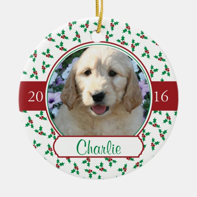 Ornamento De Cerâmica Pet Photo Christmas com Holly & Berries (Frente)