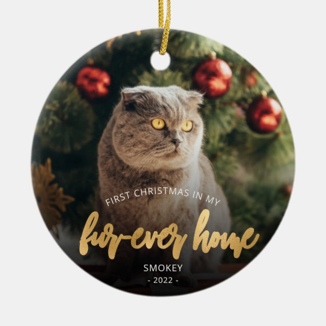 Ornamento De Cerâmica Pet Photo First Christmas Forever Home Dourado Scr (Frente)