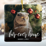 Ornamento De Cerâmica Pet Photo First Christmas Forever Home Silver<br><div class="desc">Comemore o primeiro Natal do seu animal de estimação em sua nova casa com este belo ornamento moderno do keepsasasasaame. O texto diz "Primeiro Natal na minha casa de quatro em cada vez", com as palavras "uma casa de quatro em cada vez" em elegante roteiro de folha de papel falso...</div>