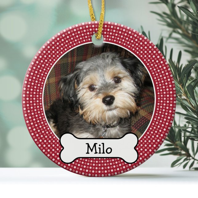 Ornamento De Cerâmica Pet Photo with Dog Bone - Solteiro Lado (Personalized Christmas Photo Ornament)
