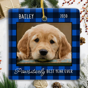 Ornamento De Cerâmica Pet Puppy Dog Foto Blue Buffalo Xadrez Natal
