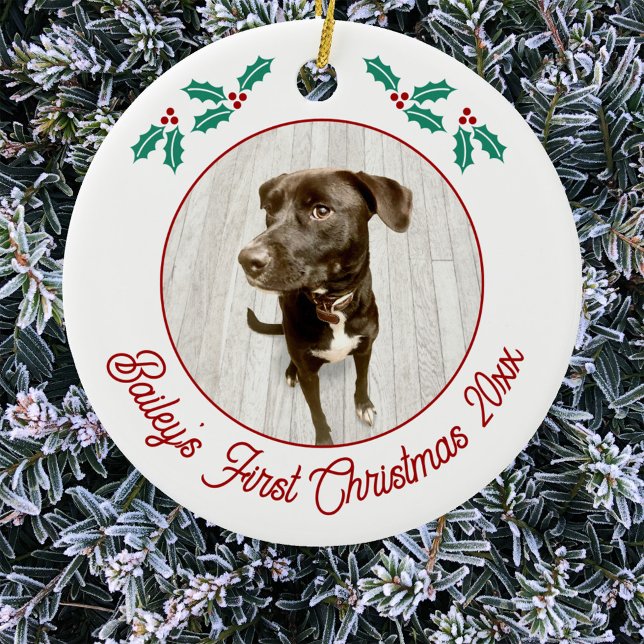 Ornamento De Cerâmica Pet Puppy Dog Personalizado Primeira Foto De Natal (Pet dog puppy photo personalized first Christmas name and date ornament with custom text )