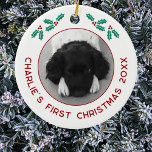 Ornamento De Cerâmica Pet Puppy Dog Personalizado Primeira Foto De Natal<br><div class="desc">Celebre o primeiro Natal do seu filhote com este encantador ornamento personalizado de fotos. Adicione sua própria foto e altere qualquer texto a ser personalizado. Com bonito imagens ocas e texto moderno em vermelho festivo, ele mostra lindamente sua fotografia favorita do seu cachorro ou filhote, fazer-a como uma perfeita guarnição...</div>