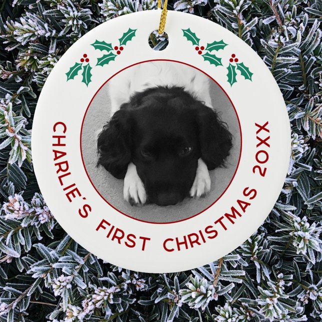 Ornamento De Cerâmica Pet Puppy Dog Personalizado Primeira Foto De Natal (Personalized puppy dog first Christmas photo ornament)