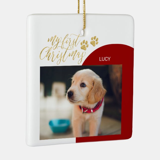 Ornamento De Cerâmica Pet Puppy Vermelho e Dourado Foto de Natal (Direito )