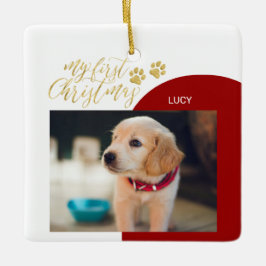 Ornamento De Cerâmica Pet Puppy Vermelho e Dourado Foto de Natal