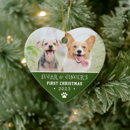 Ornamento De Cerâmica Pet's First Christmas Paw Imprime uma foto verde
