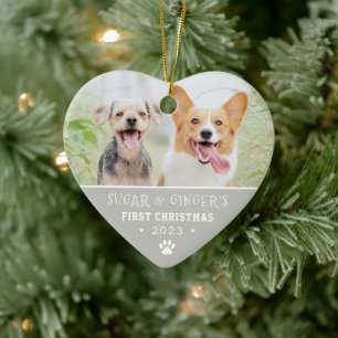 Ornamento De Cerâmica  Pet's First Christmas Paw Print Gray Photo