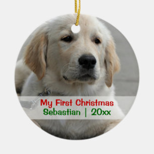 Ornamento De Cerâmica Pet's First Christmas Personalized Photo Template