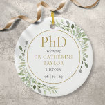 Ornamento De Cerâmica Phd Grree Watercolor Greenery Keepsaet<br><div class="desc">Apresentando delicadas folhas de cor d'água verde,  este ornamento de presente de manutenção da graduação em Phd chic pode ser personalizado com o nome,  o assunto e a data de formatura de seu formando. Projetado por Thisnotme©</div>