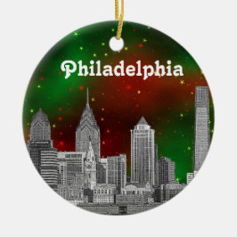 Ornamento De Cerâmica Philadelphia Skyline Green Red Starry Sky Xmas