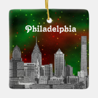 Ornamento De Cerâmica Philadelphia Skyline Green Red Starry Sky Xmas