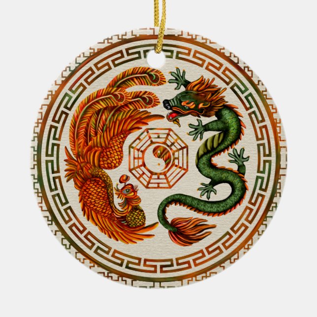 Ornamento De Cerâmica Phoenix e Dragão com a bagua #3 (Frente)