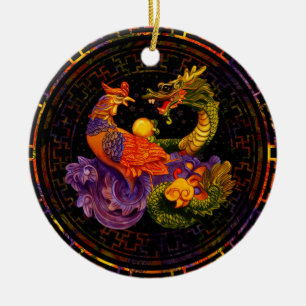Ornamento De Cerâmica Phoenix e Dragon - em cores