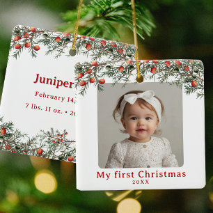 Ornamento De Cerâmica Photo Baby First Christmas Vintage Botanical