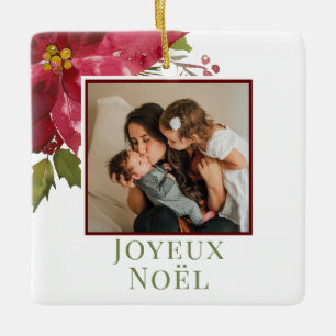 Ornamento De Cerâmica Photo de Natal Poinsettia Joyeux Noël Holiday
