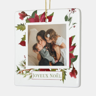 Ornamento De Cerâmica Photo de Natal Poinsettia Joyeux Noël Holiday