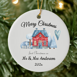 Ornamento De Cerâmica Photo First Christmas As Mr & Mrs Newlyweds Round