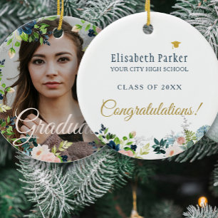 Ornamento De Cerâmica Photo graduation gold script class year elegant