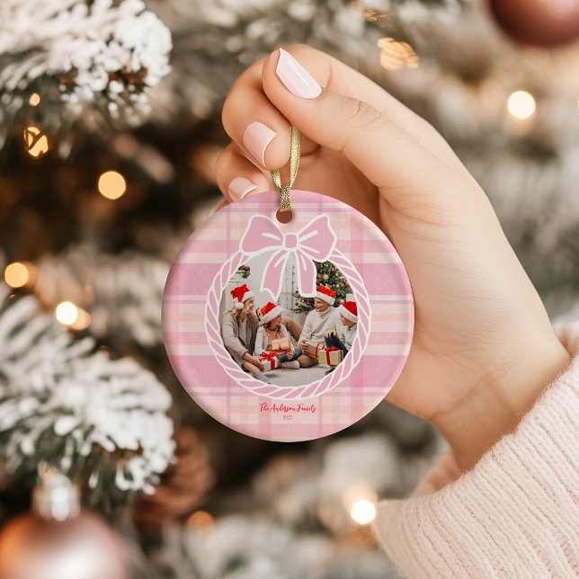 Ornamento De Cerâmica Photo Retro Pink Plaid Whimsical Holiday  (Criador carregado)