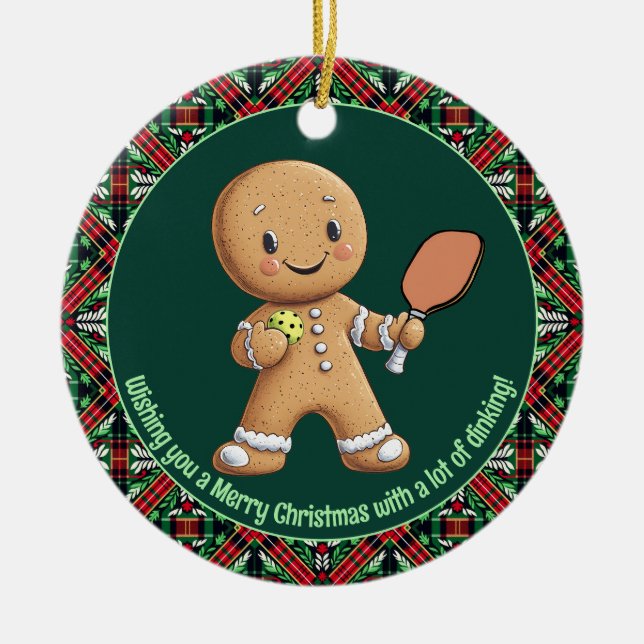 Ornamento De Cerâmica Pickleball 🎄 Feliz Natal, texto personalizado (Frente)