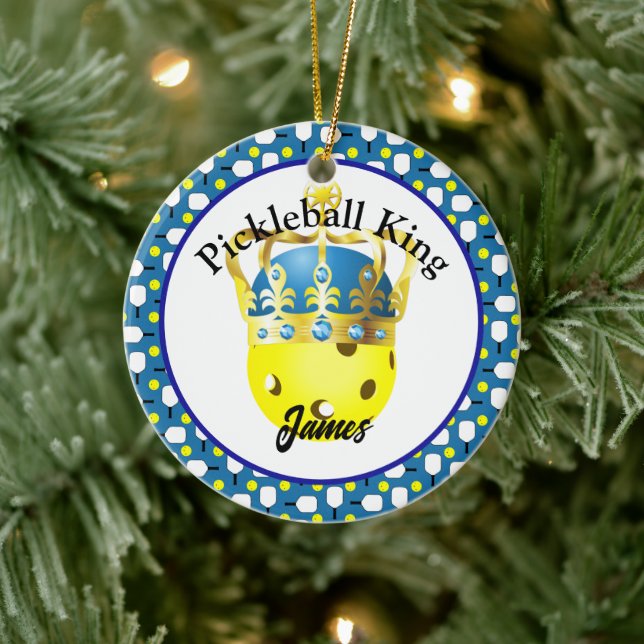Ornamento De Cerâmica Pickleball King Personalizado Amarelo, Azul, Branc (Árvore)