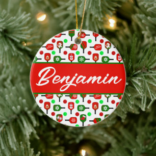 Ornamento De Cerâmica Pickleball Red Paddles Balls X-Mas