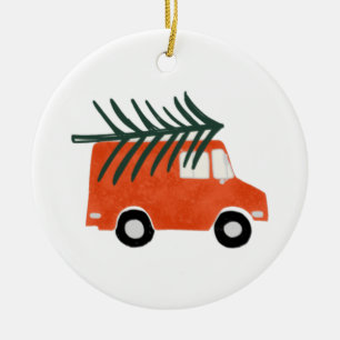 Ornamento De Cerâmica Pickup de Vermelho Bonito de Natal com Árvore