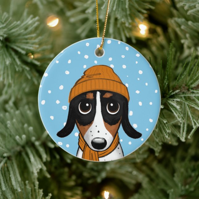 Ornamento De Cerâmica Piebald Dachshund Cute Winter Dog Holiday Cerâmica (Árvore)