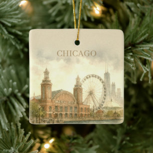 Ornamento De Cerâmica Pier de Chicago Personalizado Aquarela Marco da Ci