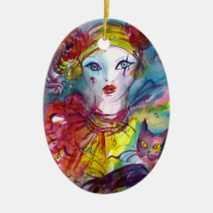 Ornamento De Cerâmica PIERROT WITH CAT / Venetian Mascarada Máscaras