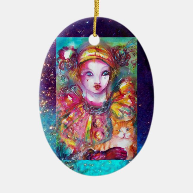 Ornamento De Cerâmica PIERROT WITH CAT / Venetian Mascarada Máscaras (Frente)