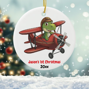 Ornamento De Cerâmica Piloto de avião e dinossauro de primeiro Natal per