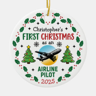 Ornamento De Cerâmica Piloto de Companhia Aérea Primeiro Natal Personali