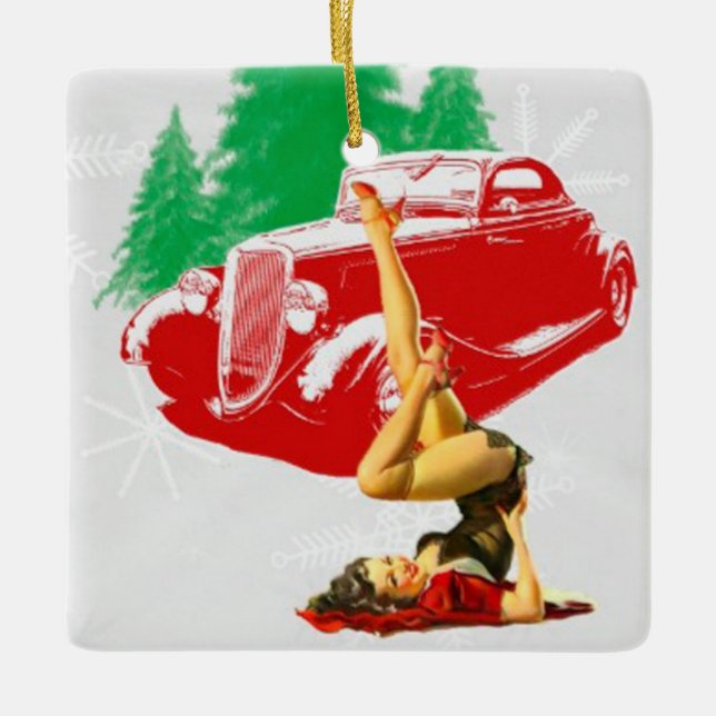 Ornamento De Cerâmica Pin Up Girl Classic Car (Frente)