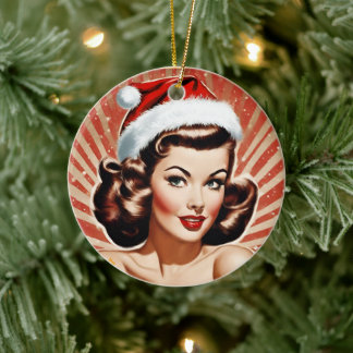 Ornamento De Cerâmica Pin-up Retro no Natal da Menina