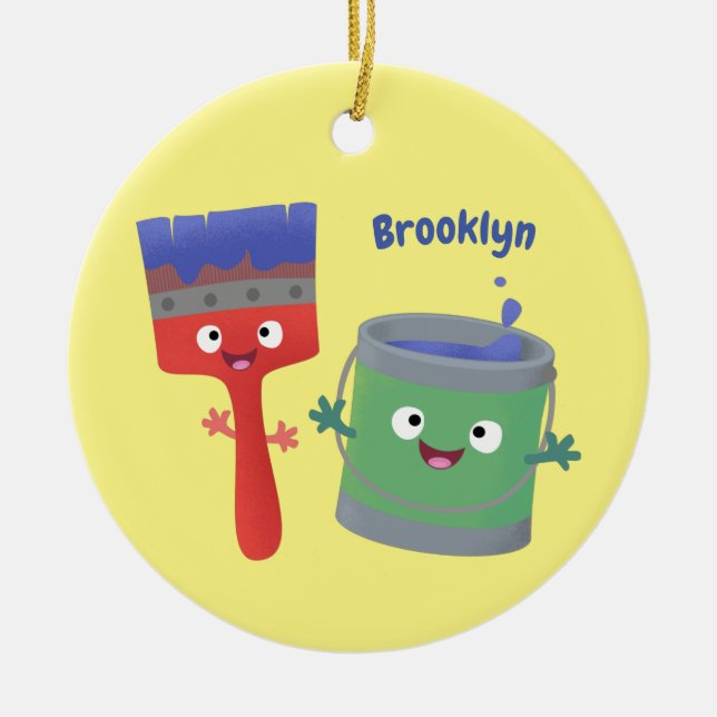 Ornamento De Cerâmica Pincel de pintura e personagens de desenho animado (Frente)