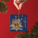 Ornamento De Cerâmica Pine Tree Forest Personalizada Pet Foto e Nome Pw<br><div class="desc">Novo ornamento de fotos de animais de estimação. Nosso design apresenta uma forma de floresta de pinheiros divertida para você adicionar sua foto de animal de estimação. Douradas pegadas são adicionadas,  assim como o nome do seu animal de estimação. Design por Moodthology Papery</div>