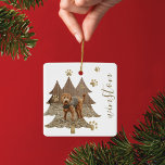 Ornamento De Cerâmica Pine Tree Forest Personalizada Pet Foto e Nome Pw<br><div class="desc">Novo ornamento de fotos de animais de estimação. Nosso design apresenta uma forma de floresta de pinheiros divertida para você adicionar sua foto de animal de estimação. Douradas pegadas são adicionadas,  assim como o nome do seu animal de estimação. Design por Moodthology Papery</div>