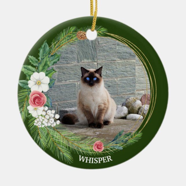 Ornamento De Cerâmica Pine Wreath com Rosas Petunias White Berries (Frente)