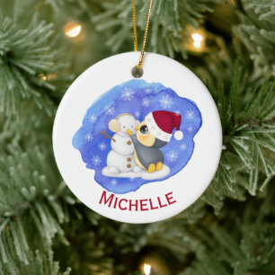 Ornamento De Cerâmica Pinguim Adorável E Nome Do Homem De Neve