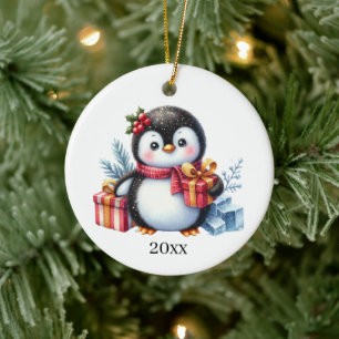 Ornamento De Cerâmica Pinguim bonito adicionar data e mensagem Natal
